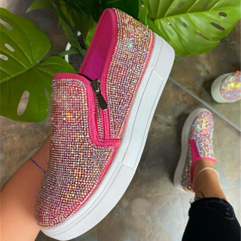 Women Flat Casual Single Shoes Fashion 2023 Rhinestone Bling Sewing Platform Loafer Luxury Shoes Casual Comfortable Female Shoes