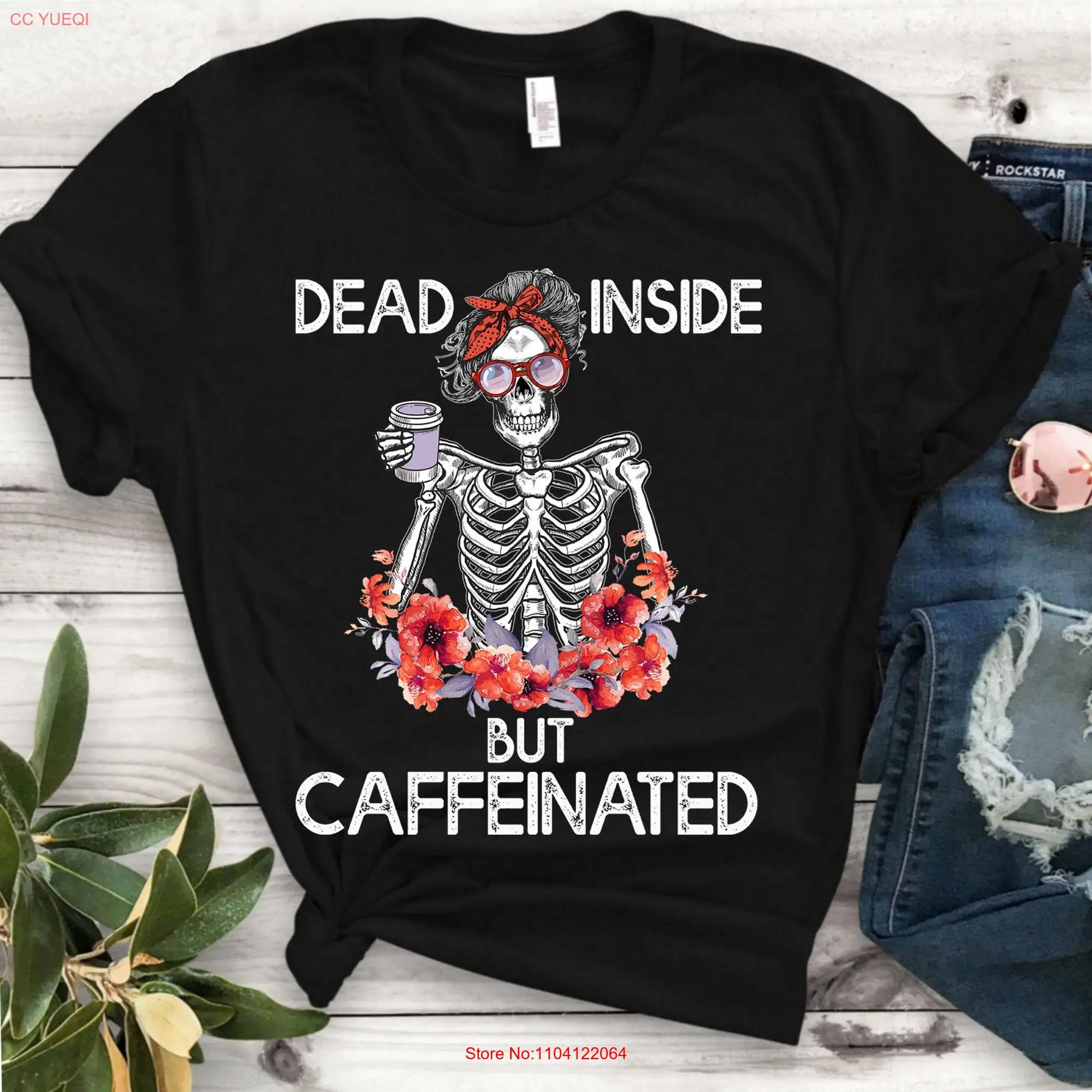 

Футболка с надписью Dead Inside But Caffeinated, Забавный Скелет, цветок, кофе, влюбленные, длинные или Короткие рукава