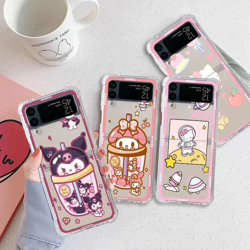 

Cinnamoroll Kuromi Cute Airbag Case For Samsung Galaxy Z Flip 4 3 5G Clear PC Hard Phone Cover ZFlip3 ZFlip4 Shockproof Shell