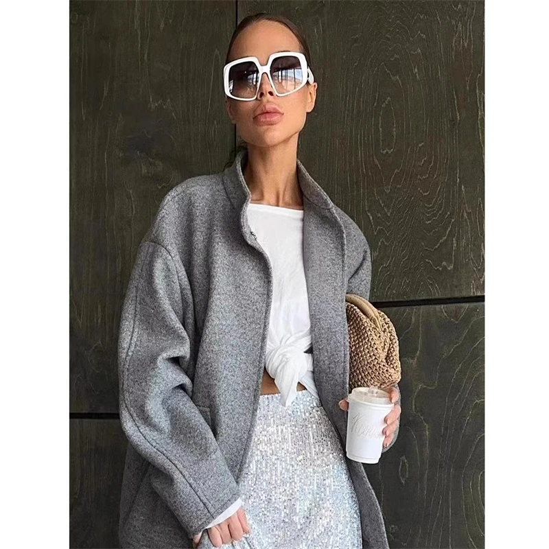 Women Autumn Winter Gray Faux Wool Jacket Coat Fashion Warm Long Sleeve Snap Button Pockets Coat Office Lady Outerwear