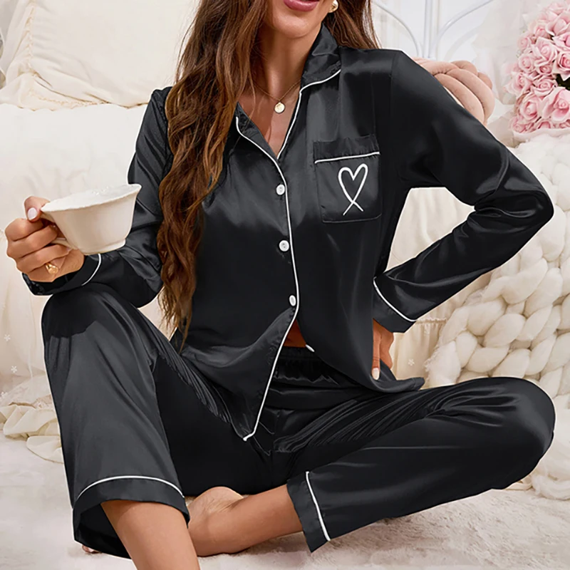 Autumn Women\'s Pajama Set Love Embroidered Flip Collar Long Sleeve Top and soft  Pants Casual and Comfortable Home Clothes