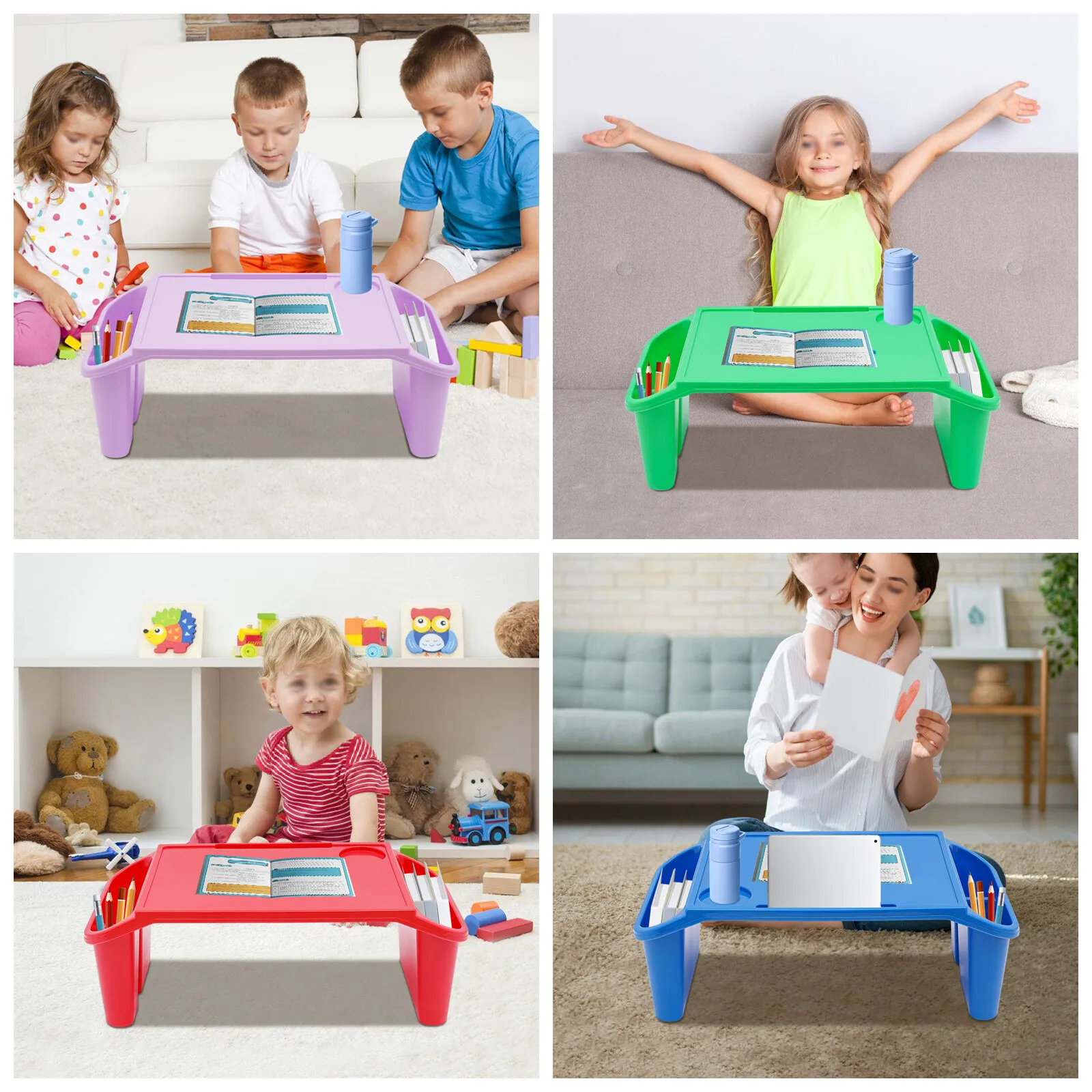 4 Pcs Set Kids Lap Desk Tray, Plastic Breakfast Laptop Trays with Side Pockets