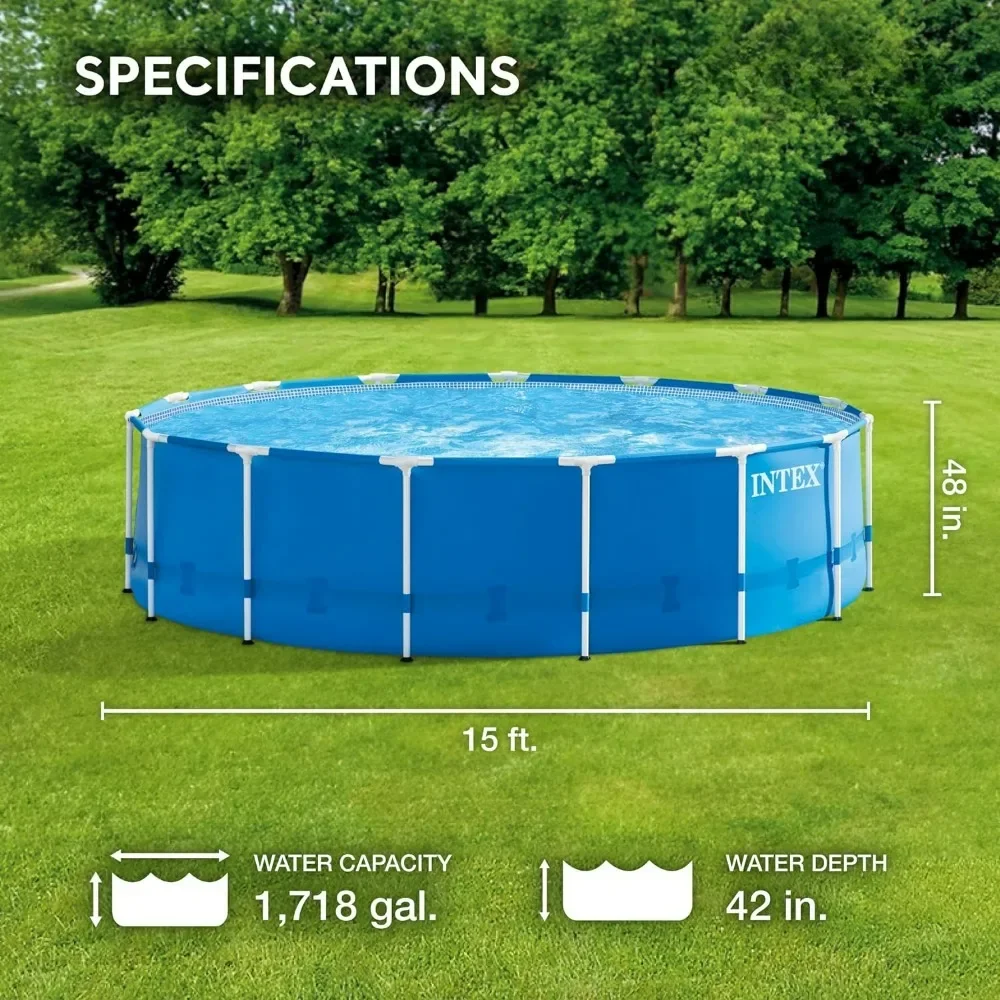 15 Foot X 48 Inch Metal Frame Outdoor Above Ground Swimming Pool Set with Filter Pump, Ladder, Ground Cloth, and Pool Cover