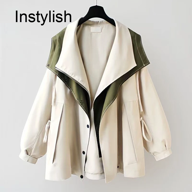 

Ветровка средней длины с завязкой на талии, капюшоном с лацканами и молнией. Повседневная и свободная куртка для рабочей одежды на весну и осень.