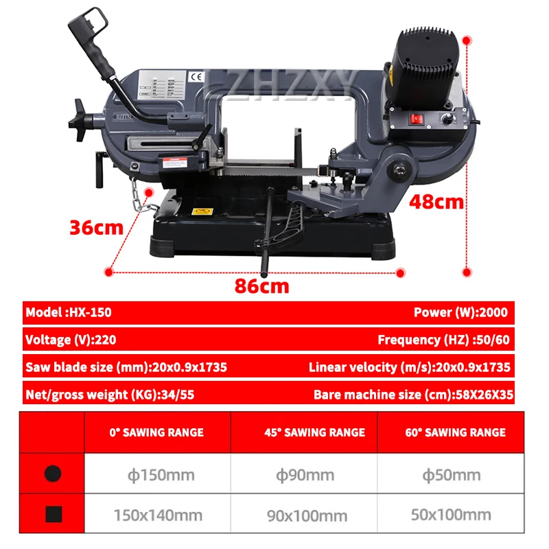 HX-150 Metal Band Saw Portable 45° Cutting Machine Multi Function Pipe Material Steel Cutting Band Saw Woodworking Machine