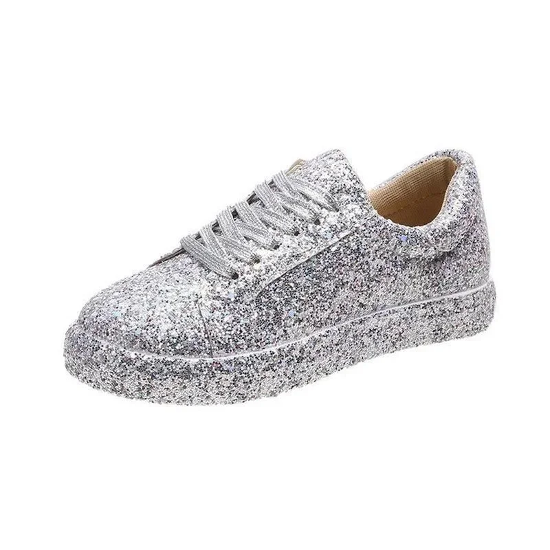 Schuh Frau lässige Plattform Turnschuhe Frauen glänzend bling Silber Frühling schöne Mode atmungsaktive vulkan isierte Schuhe