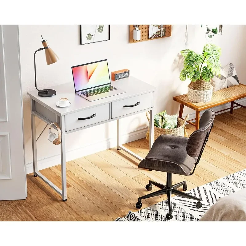 Small Desk with Fabric Drawers- for Bedroom, White Vanity Desk with Storage, Home Office Computer Desk for Small Spaces,
