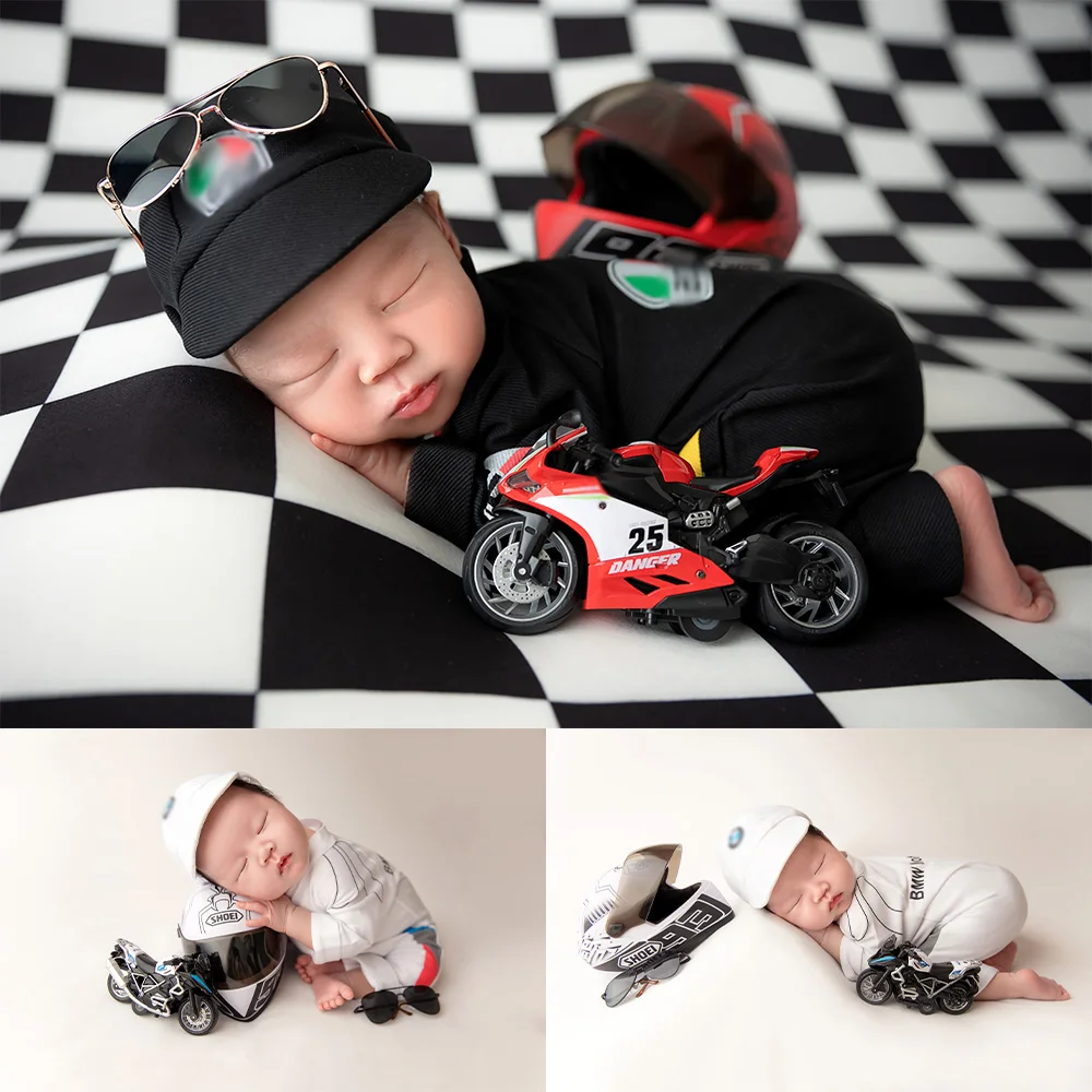 Baby Boy Newborn Photography stroje F1 wyścigowe kostiumy capki motocyklowe kask fajny chłopak Studio rekwizyty fotograficzne noworodka