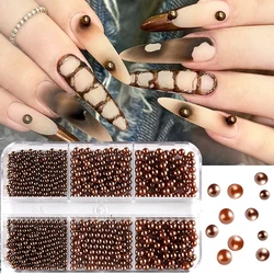 3D Steel Beads Nail Charms Decoration Brown Pearls Caviar Beads Nail Art Metal Rhinestones Y2K Jewelry Manicure Materials 6P-KFA