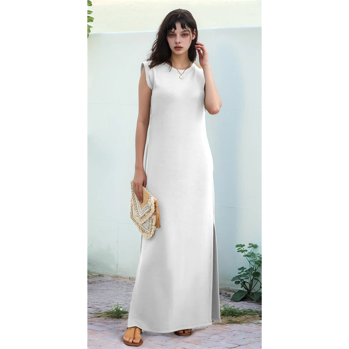 2025 Women Summer Round Neck Casual Loose Split Wrinkle-Free Long Maxi Vacation Dress with Pockets White M