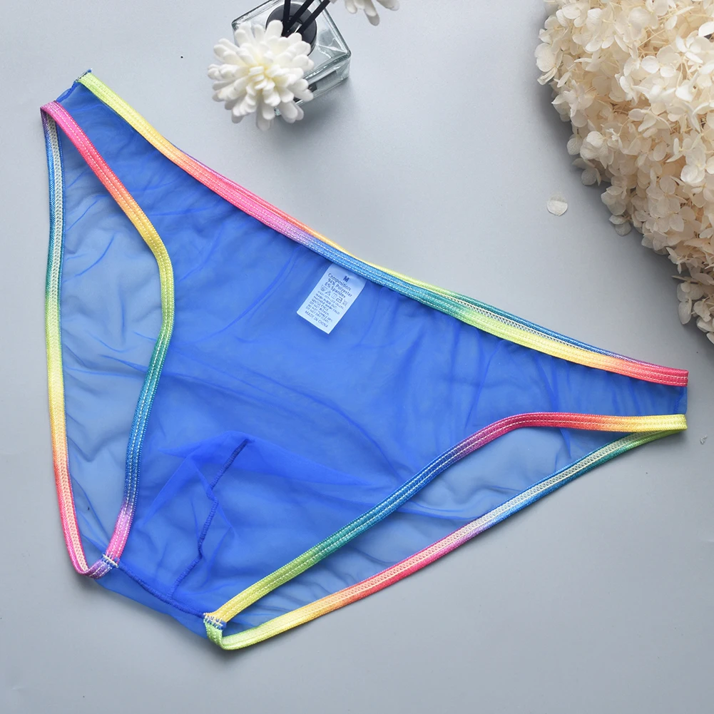 Men Ultra Thin Mesh Transparent Briefs Rainbow Edge Panties Breathable See Through Underpants Low Rise Underwear Erotic Lingerie