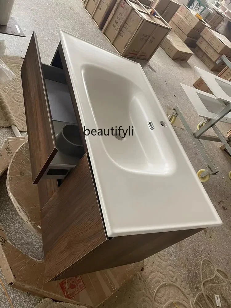 Matte Ceramic Whole Washbin Bathroom Cabinet Wall Cupboard Walnut Color Washstand Multi-Layer Solid Wood Washbasin