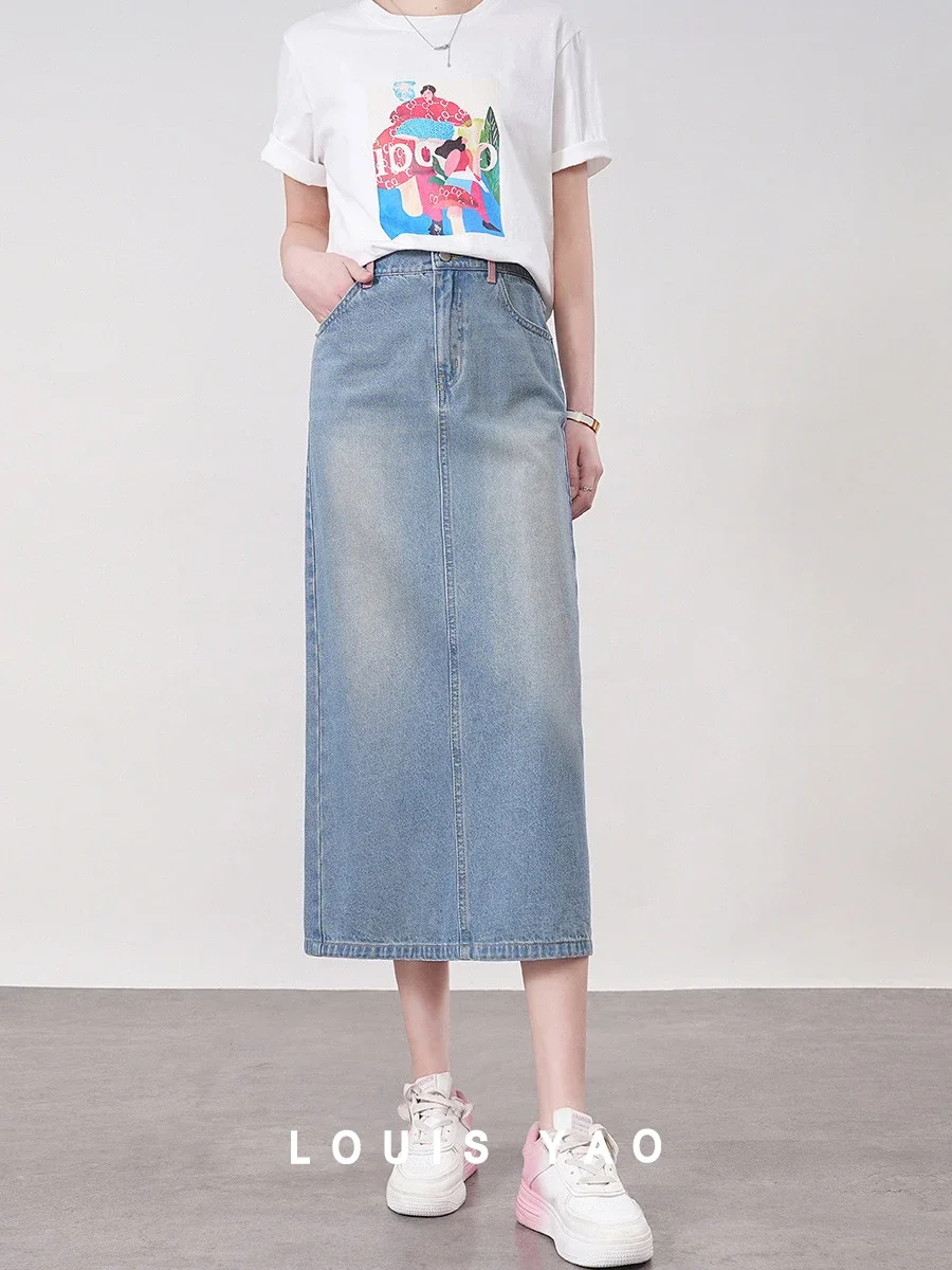 

LOUIS YAO Women Skirt 2024 Spring and Summer 100% Cotton Embroider New High Waist Straight Loose Fit Casual Vent Denim Skirt