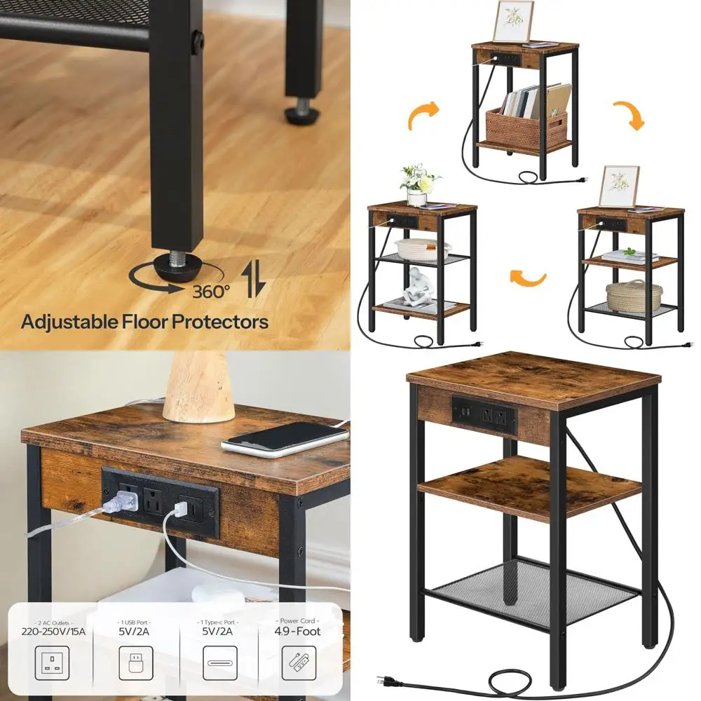 

Compact Charging Station Side Table with USB Port, 3-Tier Adjustable Shelf Nightstand, Rustic Brown for Small Spaces in Living R