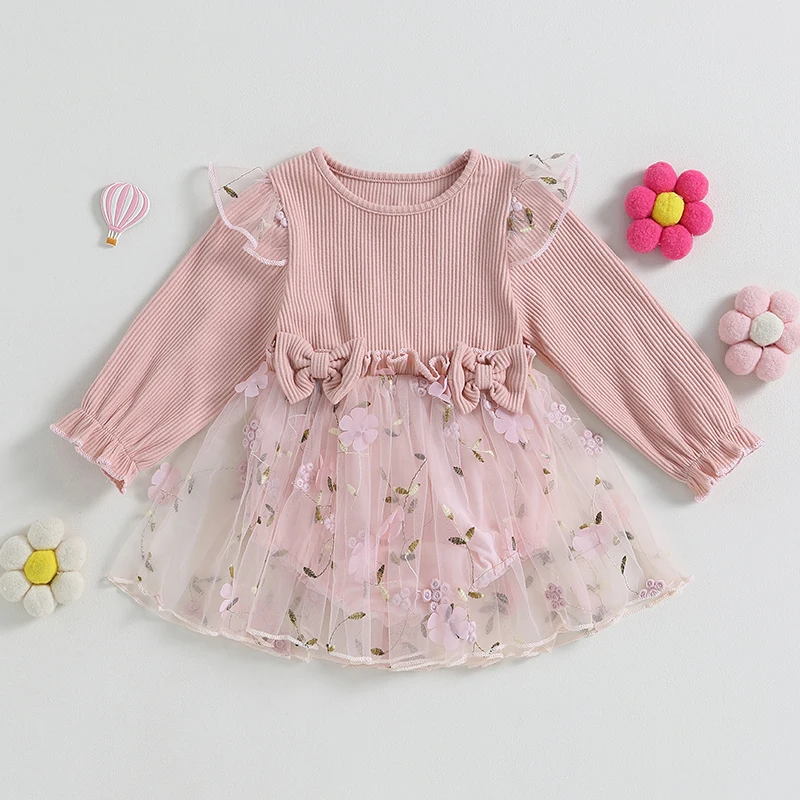 

Newborn Infant Baby Girls Romper Dress Long Sleeve Crew Neck Flower Bow Tulle Bodysuit Clothes for Daily Party Fashon Playsuit