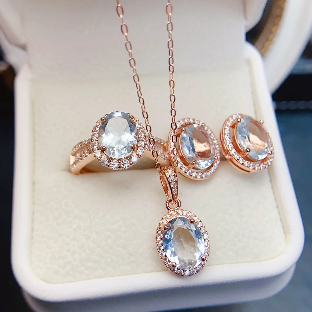 

Natural Aquamarine Necklace Ring Earrings Set, S925 Silver Rose Gold Plated Setting 7x9mm, Ocean Gemstone Jewelry Gift for Women