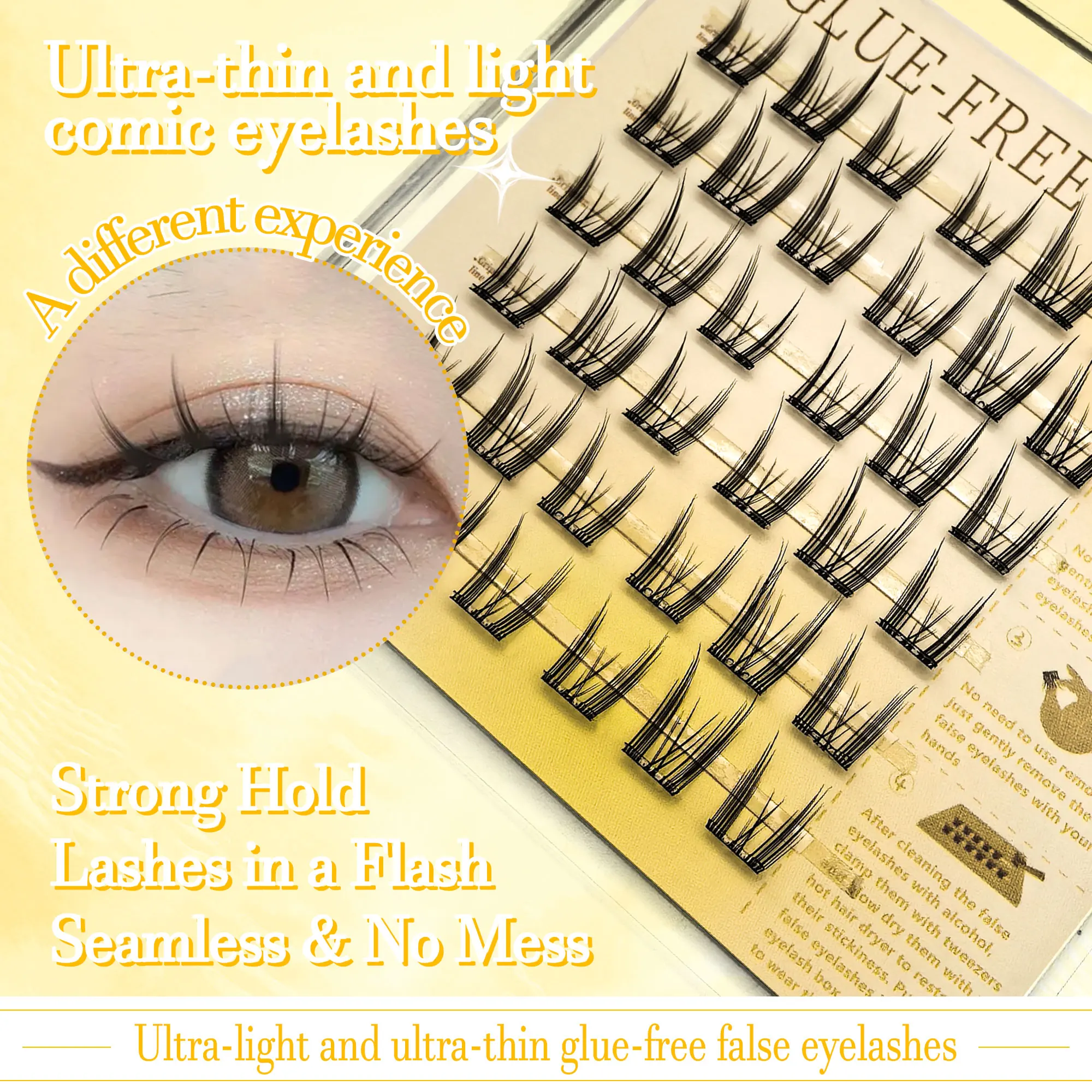 6 linhas de extensões de cílios sem cola - reutilizáveis, adequadas para iniciantes, aparência natural e charmosa, estilo boneca/olho de gato