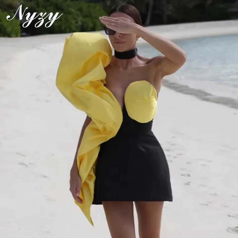 

NYZY C410 Sexy Taffeta Pleats Satin Yellow Mini Party Dresses 2025 Cocktail Prom Homecoming Gowns Customized