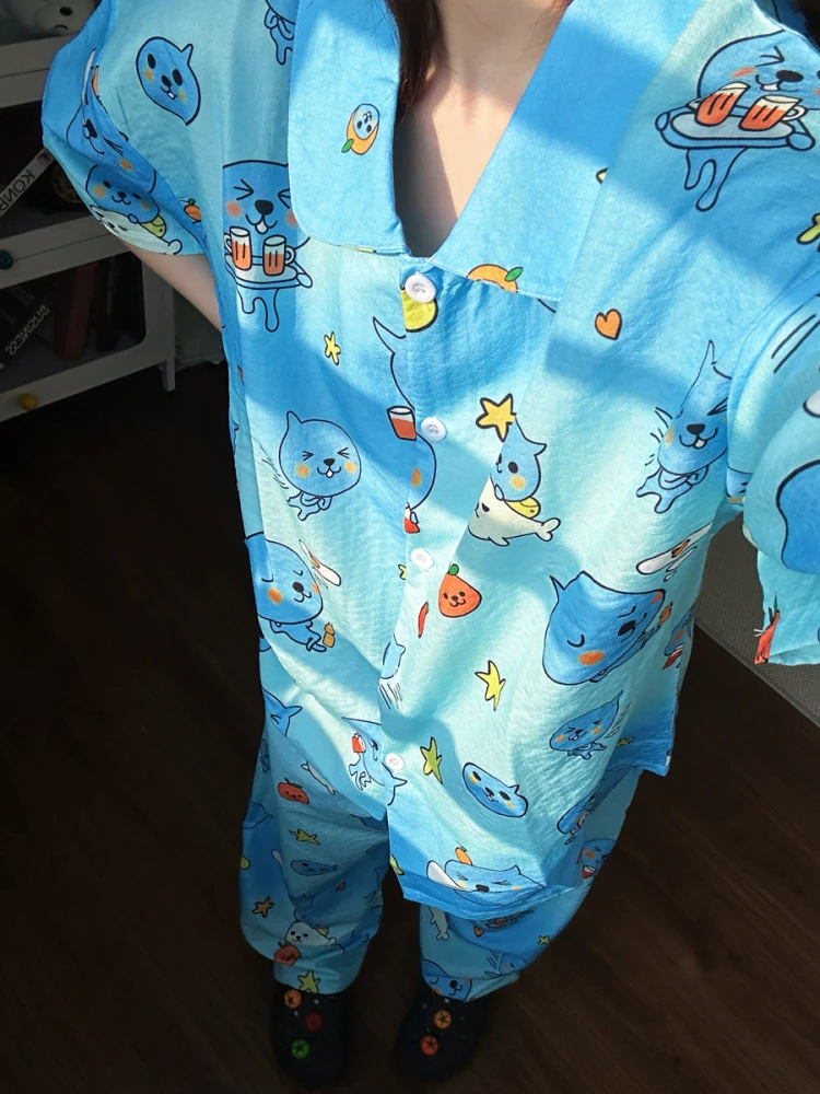 

Summer New Qoo Bubble Cotton Spwear Women's ort Sve orts Pants Cute Cartoon Home Clothes Set Youth Thin Polyester