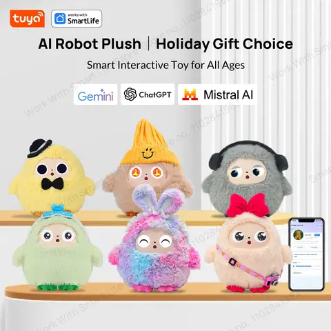 Cute Gray BOBO:AI Plush Robot Smart Interactive Toy w/LED Eyes&Voice Control,USB Rechargeable Companion for Kids Gifts/SmartHome