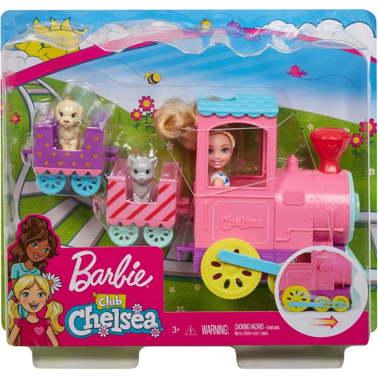 Barbied Oll Club Mini Chelsea Train Playset, 3 carros conectados Miniaturas Boneca, 1 gatinho e 1 filhote de cachorro Kids Dolls, original