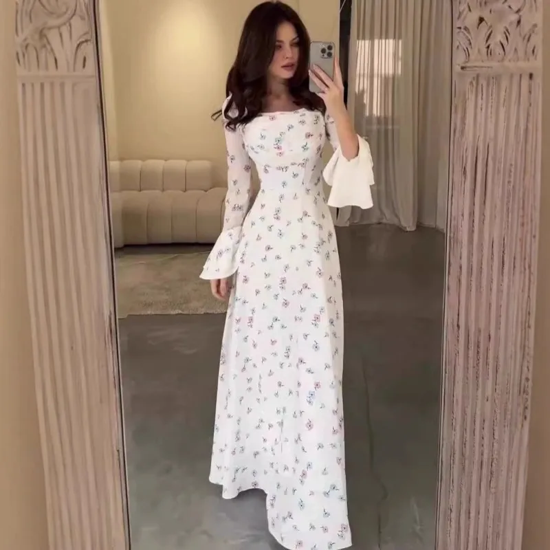 

2026 Spring New Women's Long Sleeve Flower Dress Summer Fashion Elegant White Slim Maxi Dresses for Women
