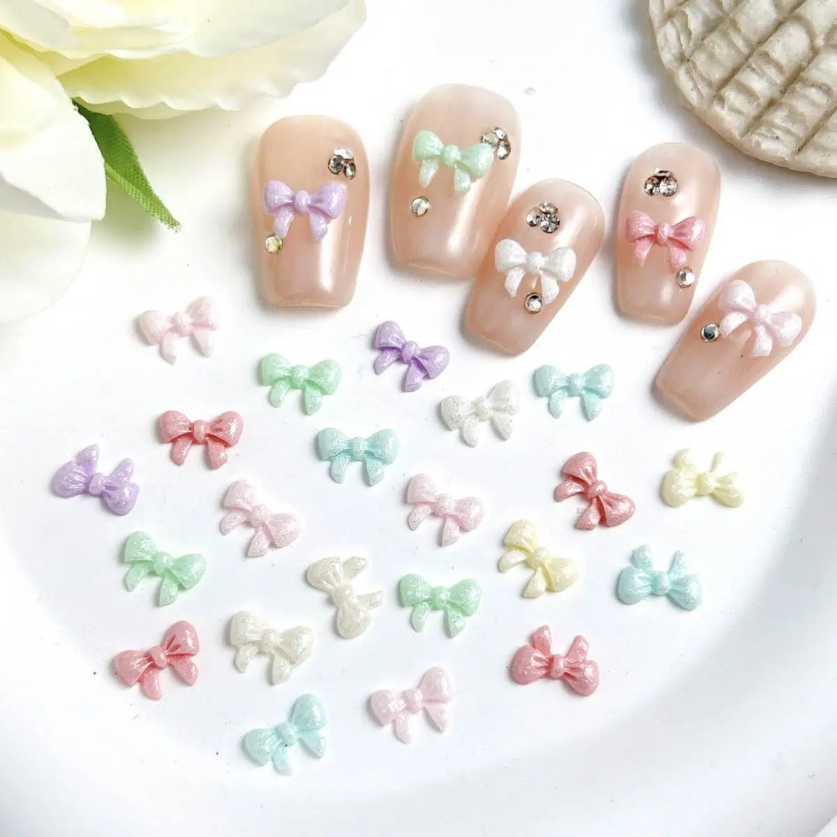 Random Mixed Cute Glow in the Dark Bow Nail Charms 3D Resin Macaron Color Bow Nail Art Decoration Accessories for Manicure DIY