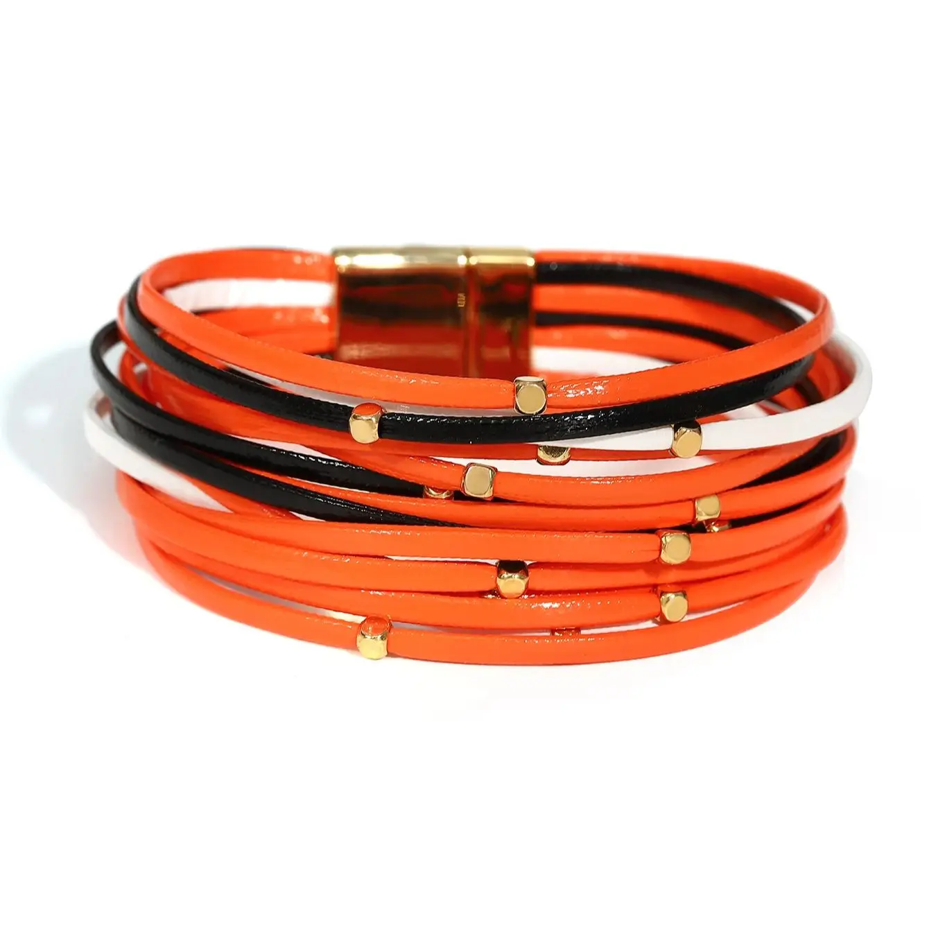 Amorcome Vintage Metal Beads Black Orange Leather Bracelet for Women Charm Slim Strips Bangles & Bracelets Female Party Jewelry