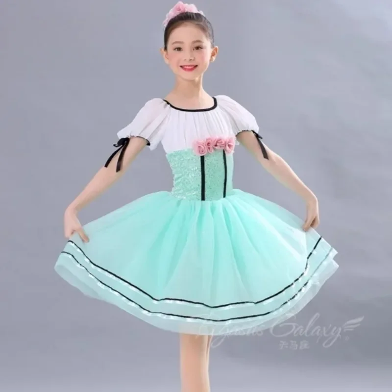 

Girl Ballet Tutu Dress Women Fluffy Tutu Ballet Stage Performance Children Sequin Stage Shows Dresses Short Sleeve Dancewear