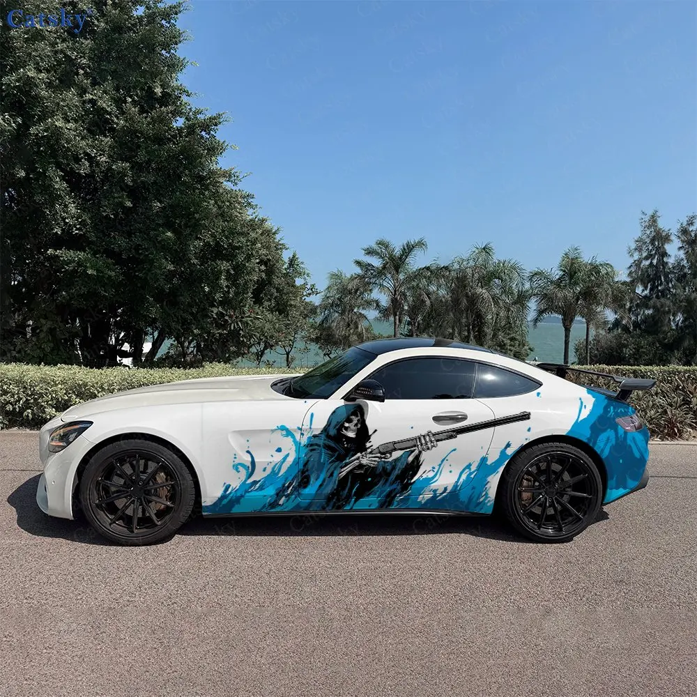 Splatter Art Blue Flame Reaper Car Side Wraps, Self-Adhesive PVC Waterproof & Scratch-Resistant Stickers, Car Accessory Gift