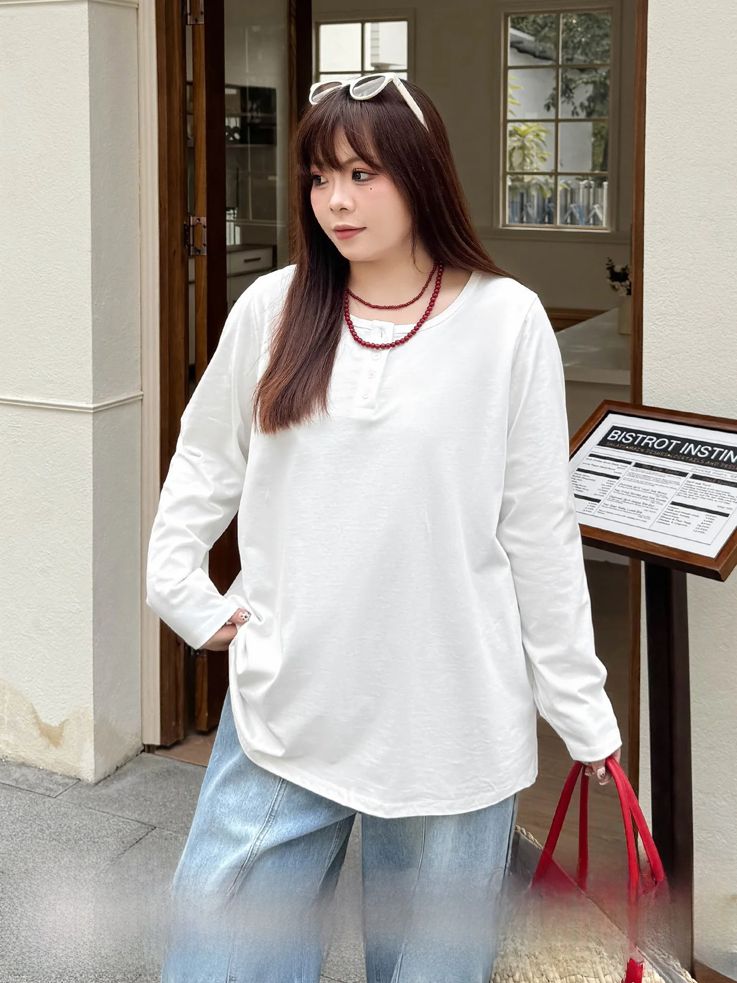 

plus Size Women's T-irt Button Design Long Sve round Ne Base irt Spring 2026 mat Treasure Cotton Breathable