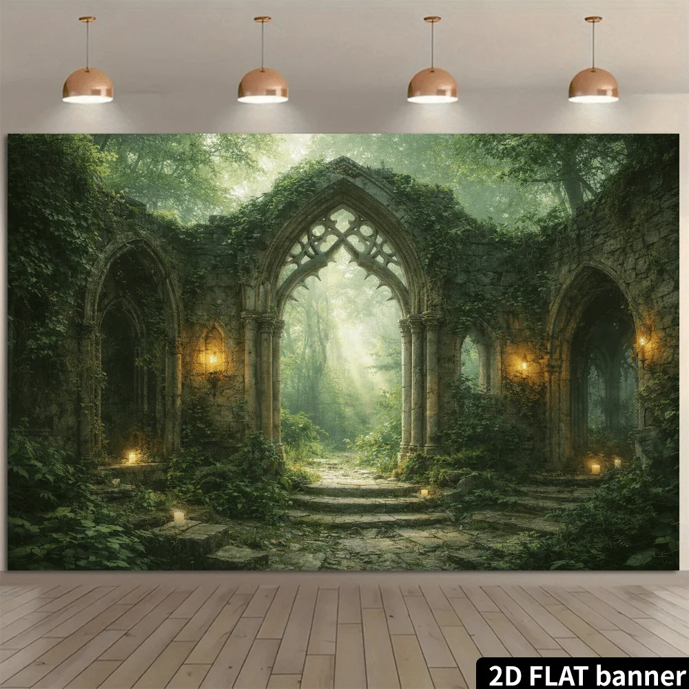 Enchanted Forest Ruins Tapestry Gothic Wall Hanging Fantasy Nature Woodland Mystical Jungle Secret Garden Decor Art