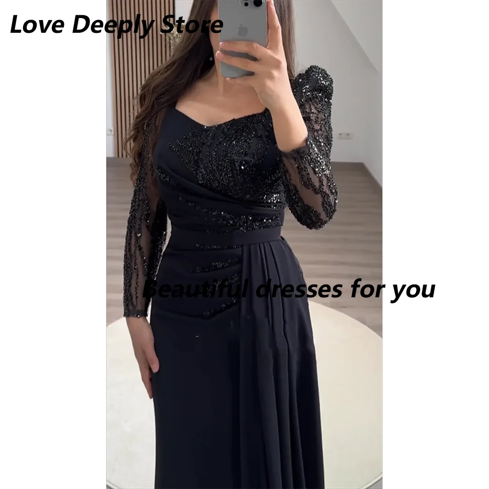 

Black Evening Dress Customized Sequin Long Sleeves Elegant Evening Gowns with Detachable Train Mermaid Formal Party Dresses