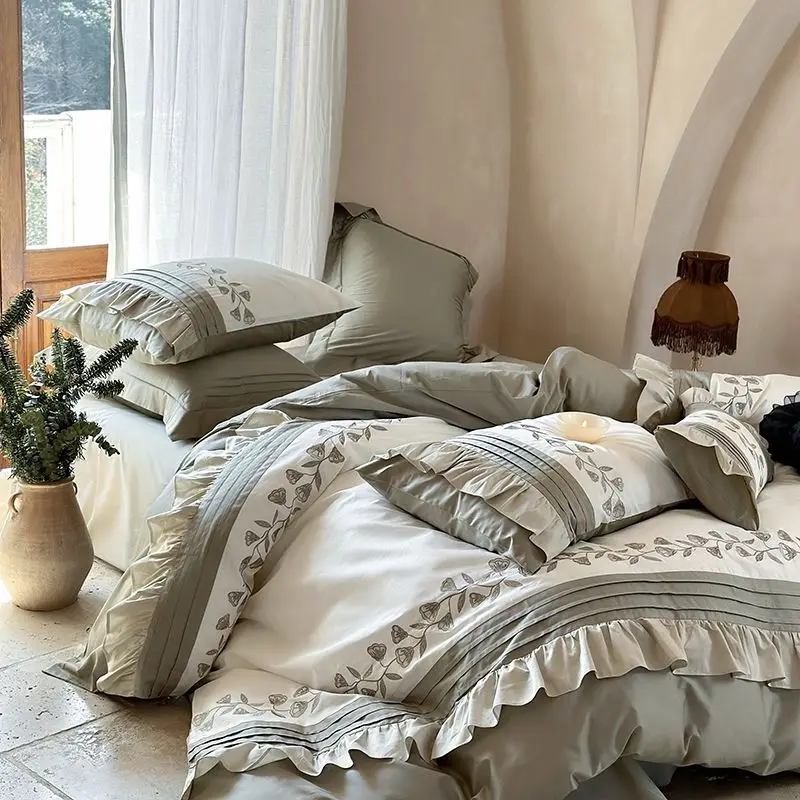 

4 шт., комплект постельного белья принцессы с вышивкой и оборками, 1000TC, комплект пододеяльников из египетского хлопка, простыня/простыня, наволочки