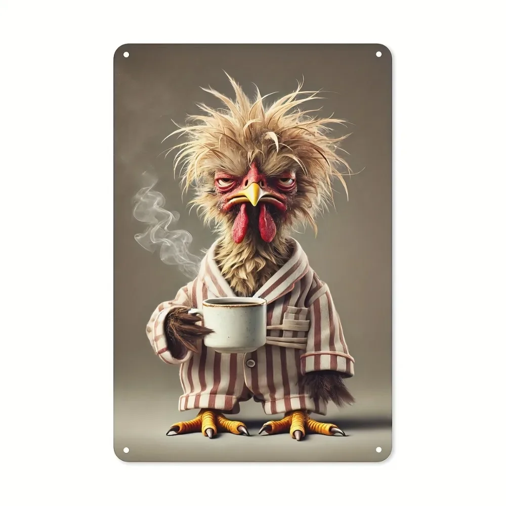 Grumpy Rooster In Pajamas With Coffee Tin Sign - Vintage Durable Metal Plaque Wall Decor, Home Office Bar Man Cave Wall Art