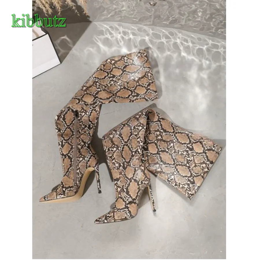 Snake Print Leather Over The Knee Boots,Pointed Toe Stiletto Women Shoes Side Zip Long Boots Autumn 2023 New Zapatos Para Mujere