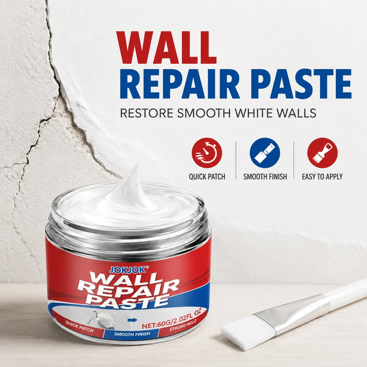 JOKJOK White Wall Repair Putty Rental Drywall Mending Kit 50G Quick Dry Anti-Crack Non Peeling Waterproof Wall Hole Filler