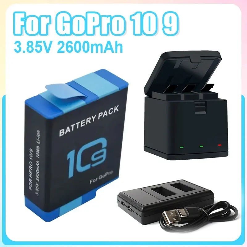 Juego de baterías de 2600mAh para Gopro Hero 10 Hero 9, cargador de batería para Gopro Hero 10 9, accesorios de cámara con caja de almacenamiento