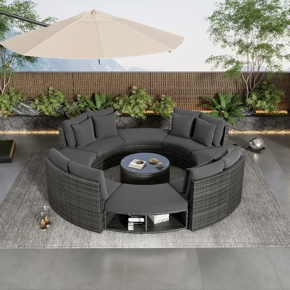 Patio Furniture Set, 9-Piece Outdoor Patio Conversation Set Luxury Circular Outdoor Sofa Wicker Sectional Sofa Lounge Set