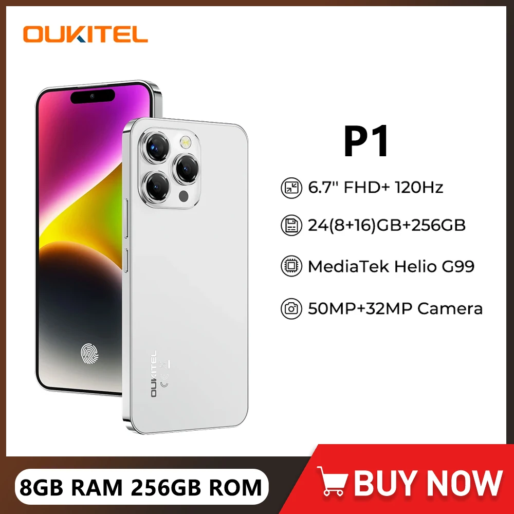 OUKITEL P1 Ultra-thin Smartphone Helio G99 6.7Inch 120Hz AMOLED Display 8GB RAM 256GB ROM 50MP Main Camera 5150mAh Cellphone NFC