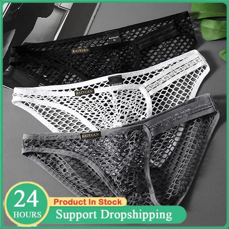 Sexy Men Transparent Mesh Briefs Underwear Breathable Thin Quick Dry Fishnet Perspective Underpants Slips Homme Erotic Panties