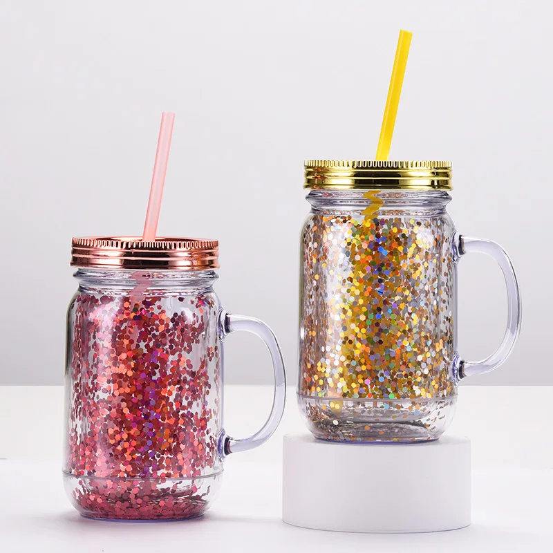 Plastic Double Layer with Straw, Canning Cup, Clear Gold Onion, Straw, Mason Bottle, Holiday, Birthday Gift, New, 20oz