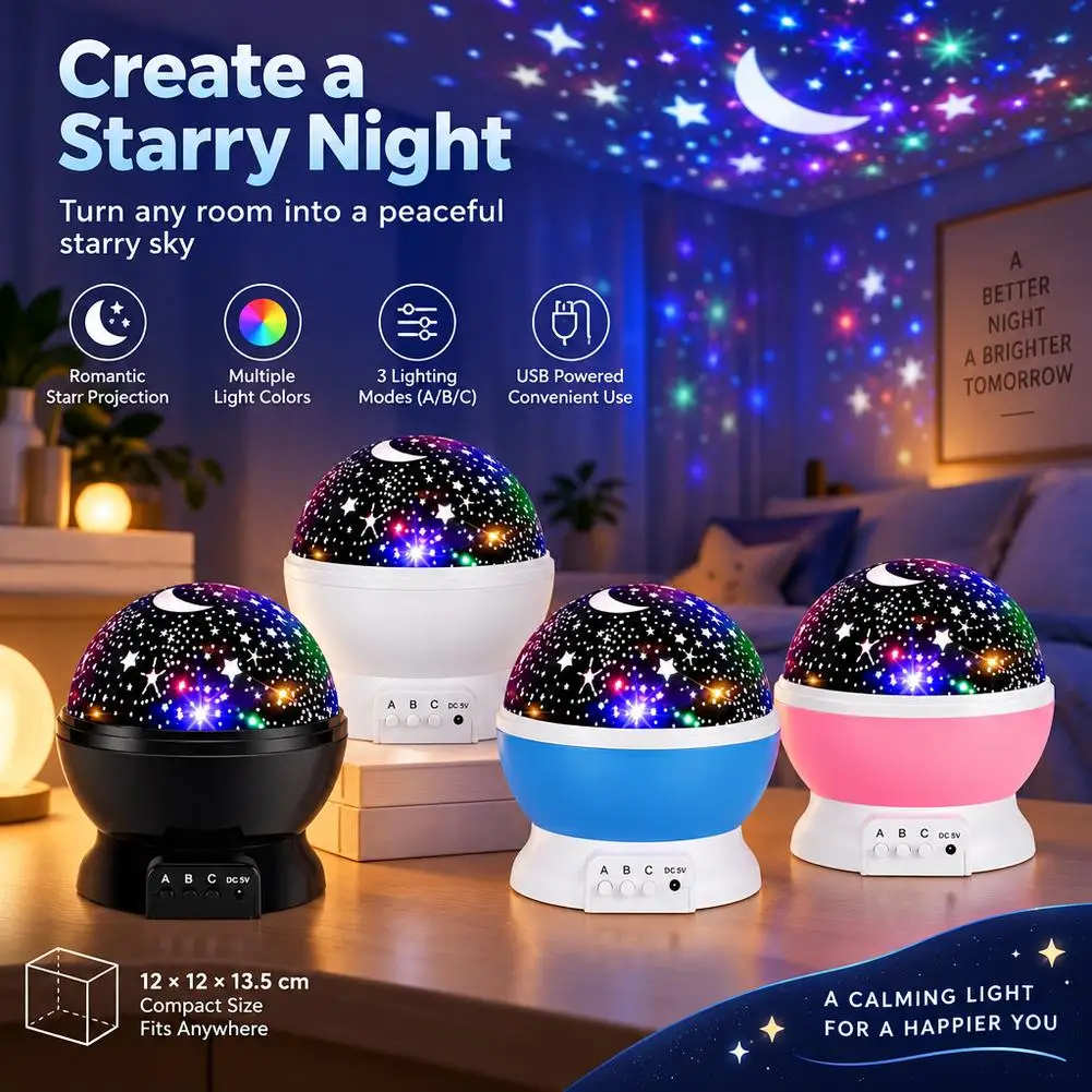 LED Starry Sky Night Light Projector USB Rotating Moon Star Projection Lamp Atmosphere Light For Kids Bedroom Decor Gift