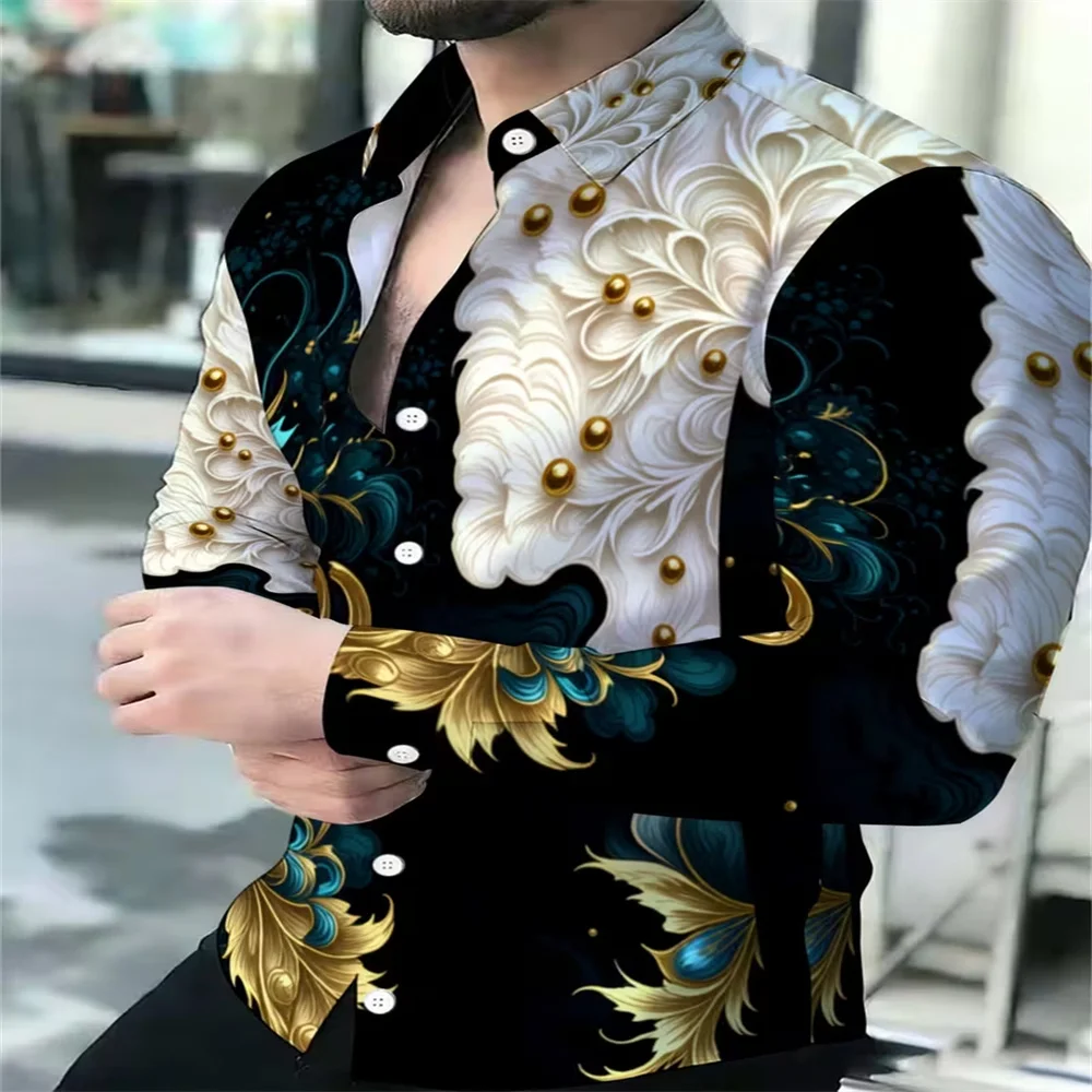 New Men's 3D Floral Printed Long Sleeved Shirt with High-Quality Patterns, Casual Long Sleeved Collar Top