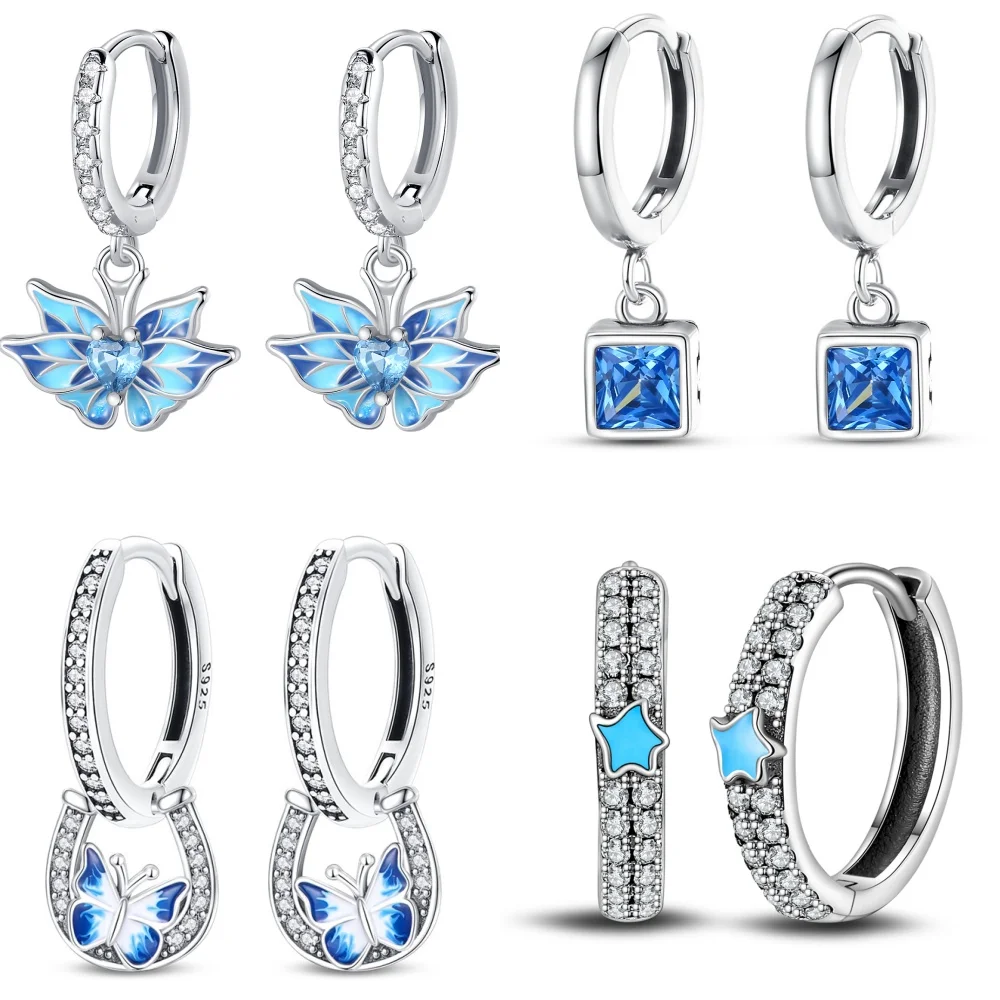 

925 Sterling Silver Minimalist Butterfly Blue Series Jewelry Fashion Zircon Circle Hoop Earring For Women Fine Gift Accessories