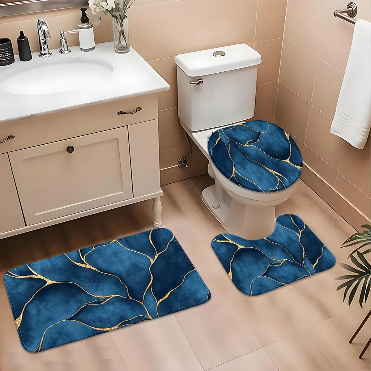 Light Luxury Sapphire Blue Gold-Plated Marble Texture Bathroom Three-Piece Set, Water-Absorbent and Non-Slip Complete Bathroom Mat Set