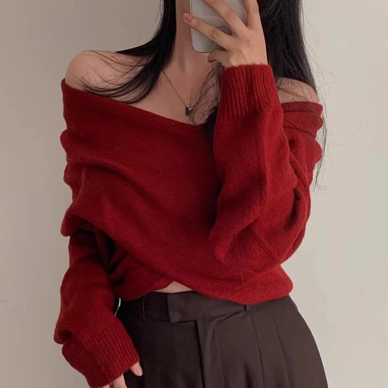 

Korejpaa Korean Style Sweater Crop Top Autumn Retro Sexy Slash Neck Off Shoulder Cross Design Short Pullover Knitted Pull Femme