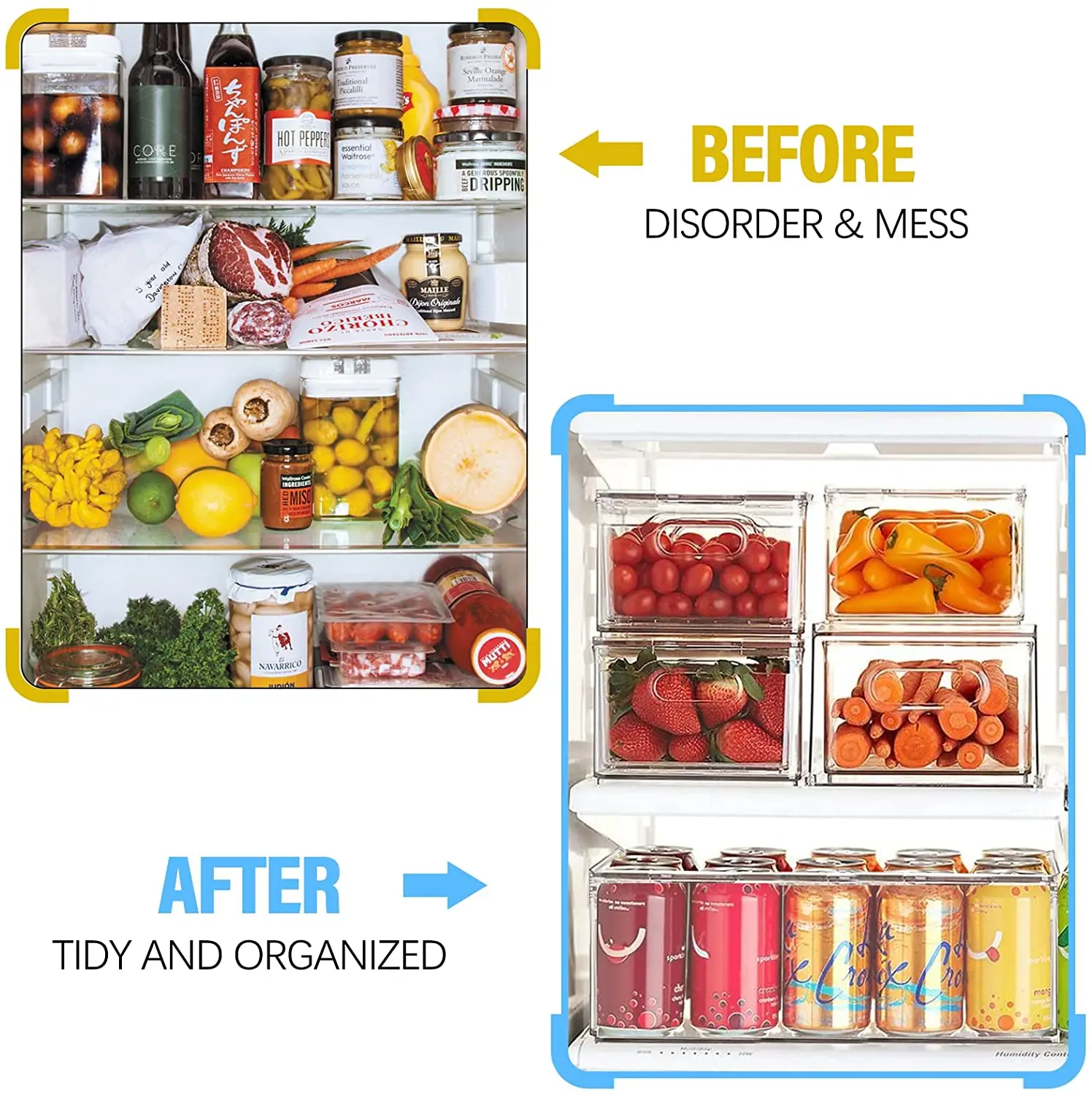 1/4pc Refrigerator Organizer Bins Stackable Fridge Food Storage Box with Handle Clear Plastic Pantry Food Freezer Organizer Tool