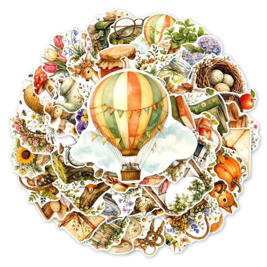 50Pcs Watercolor Countryside Stickers, Forest Creatures Floral Waterproof Decals for Journal DIY Aesthetic Decoration
