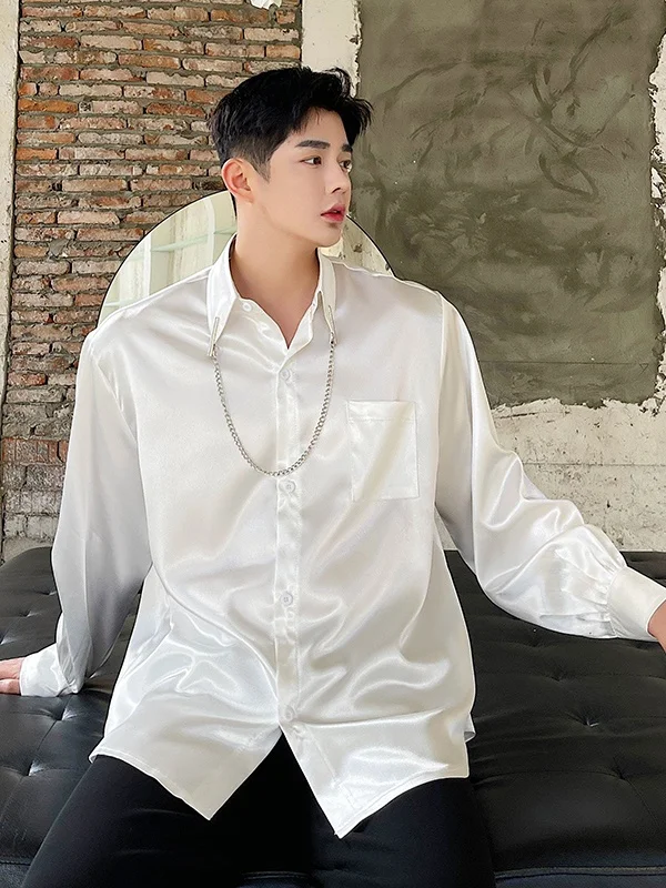 

Men's Silk Smooth Satin Chain Decoration Shirt Spring Autumn Fashionable Glossy Surface Loose Fit Long Sleeve Youth Popular